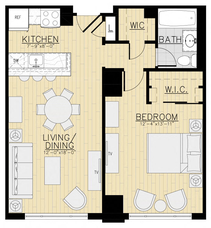 Floor plan for 1 bed, 1 bath, 673 sqft